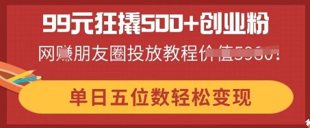 99元狂撬500+创业粉，单日五位数轻松变现，网创朋友圈投放教程-D先生轻创